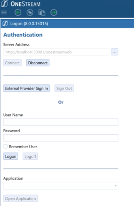 The Logon screen for native authentication and external identity provider has a blue Authentication heading at the top with a server address below in a rectangular field. There is a blue, rectangular button for External Provider Sign In, and there are fields to enter a User Name and Password. There is also an Application drop-down menu that is a rectangle with a black down arrow.